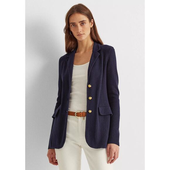 New LAUREN RALPH LAUREN Navy Sweater-Knit Cotton-Blend Blazer Petite Small - Picture 4 of 13